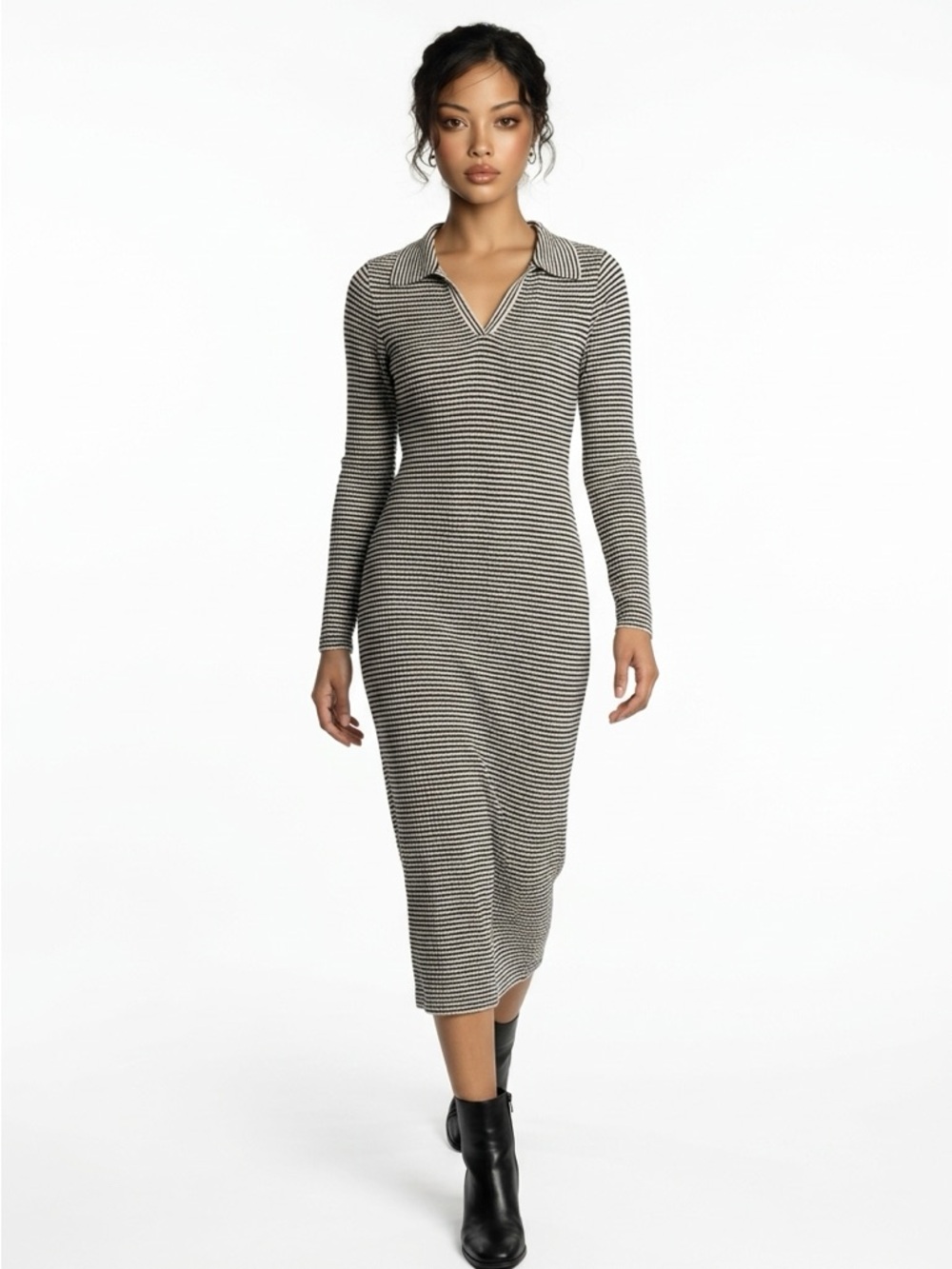 a new day Black and White Striped Long Sleeve Polo Midi Dress